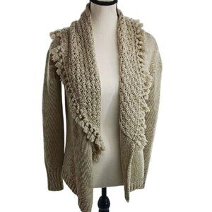 LO RI Womens Wool Blend Cardigan Beige Open Front Fringe Cozy Size S